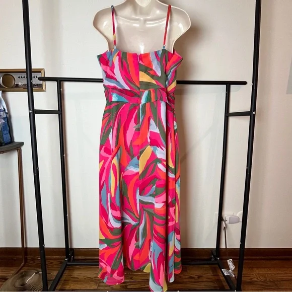 Vince Camuto Pink Tropical Print Wrap Midi Beach Vacation Wedding Event Dress - Picture 2 of 13